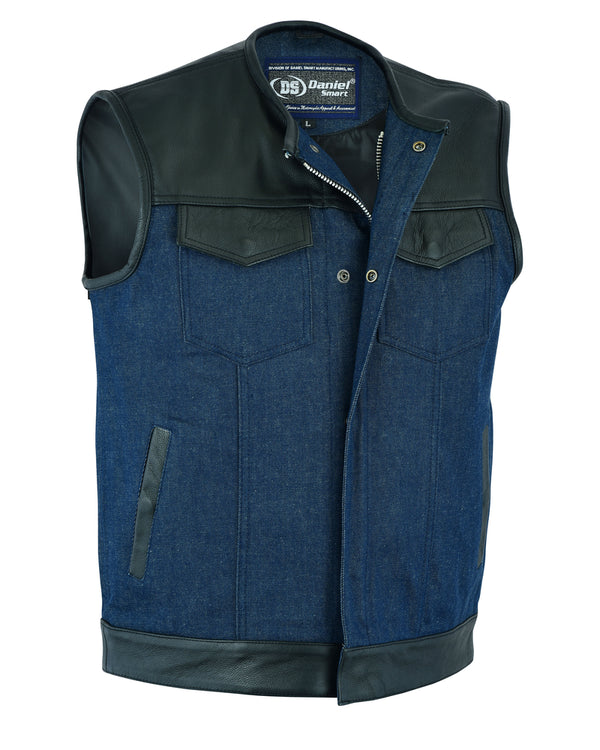 Men's Leather/Denim Combo Black/Broken Blue Vest